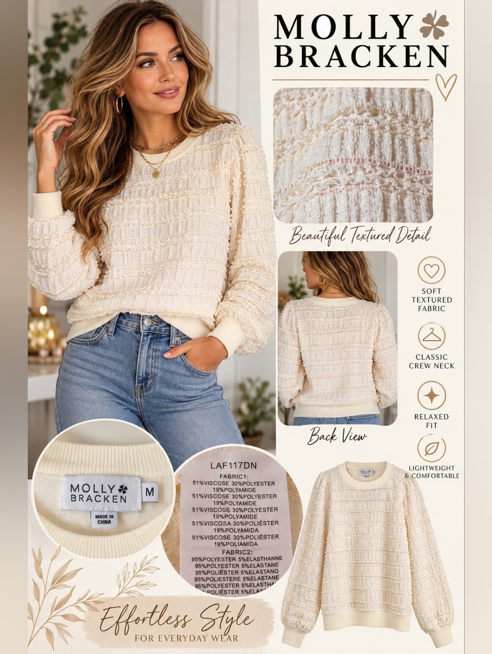 Molly Bracken Ivory Textured Crewneck Sweater